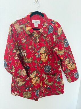Vintage 90s Steven Stolman Studio Quilted Silk Floral Jacket 16W Red Chinoiserie